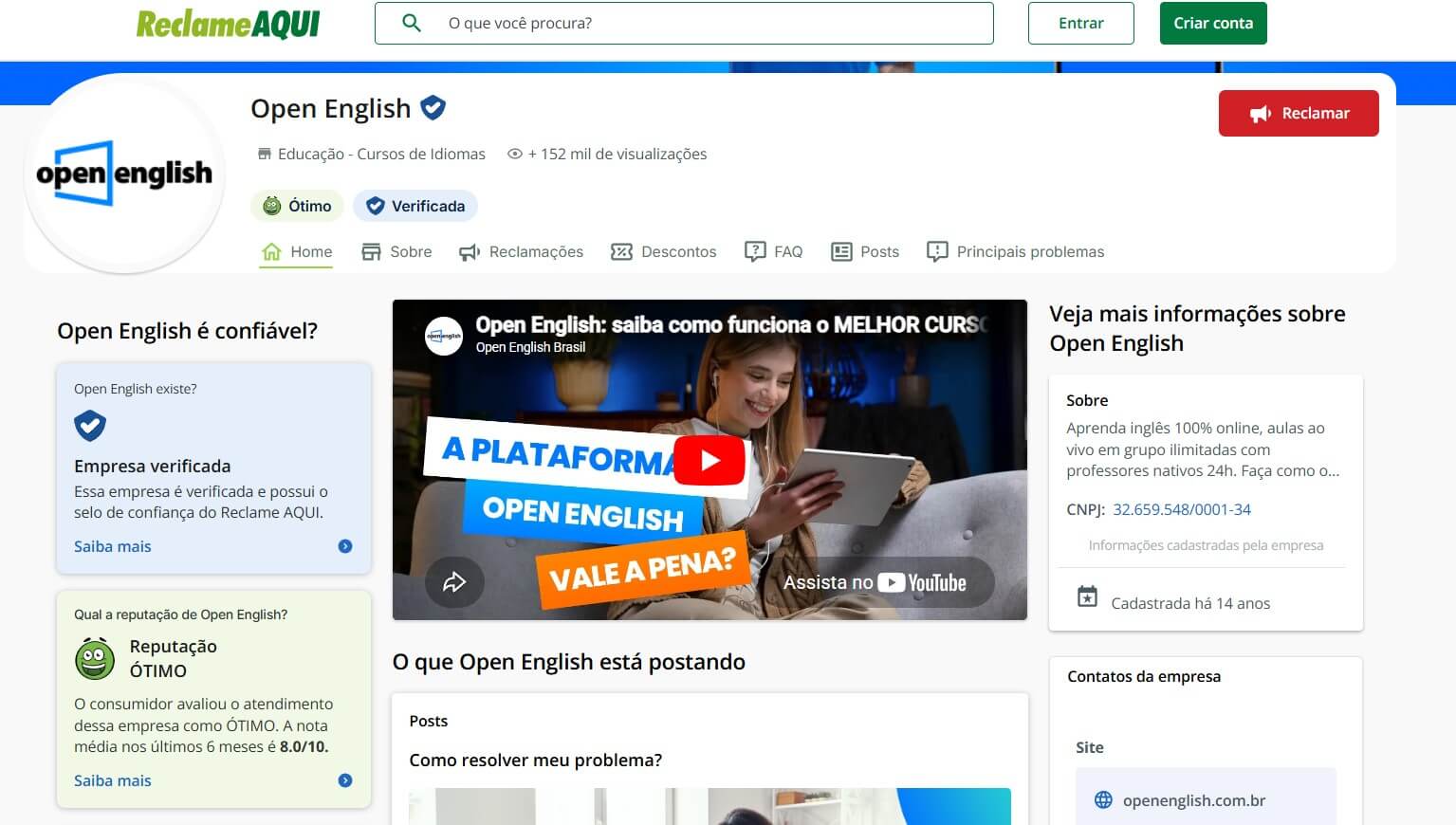 Open English Reclame Aqui nota 8.0 reputação ótima 2026